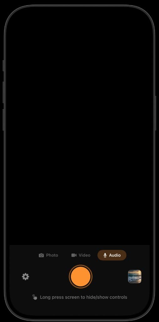 QuietCam audio recording mode with an orange record button on iPhone