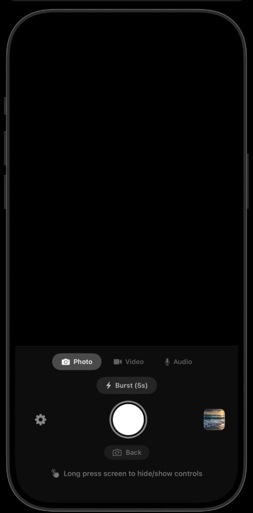 QuietCam photo mode with burst interval set to 5 seconds on iPhone