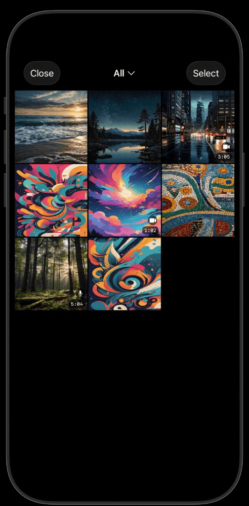 QuietCam private gallery grid with photos and videos on iPhone