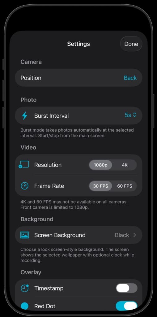 QuietCam settings screen showing resolution, frame rate, and background options