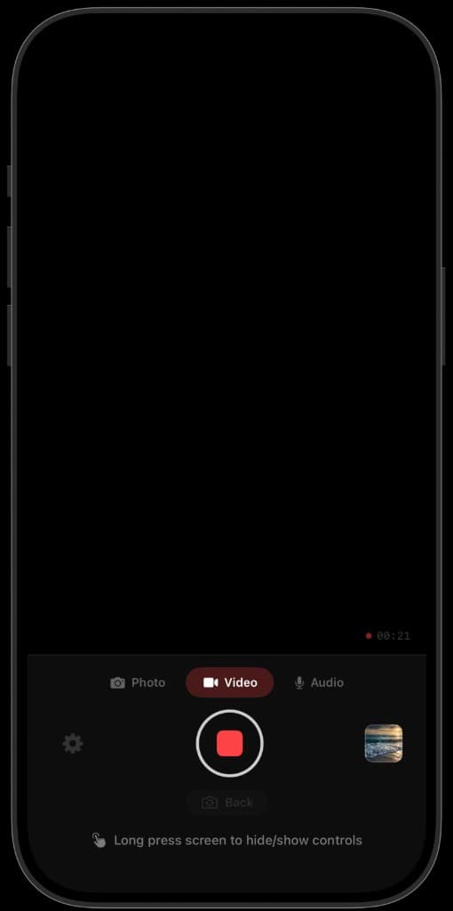 QuietCam recording video with a black screen and recording timer on iPhone
